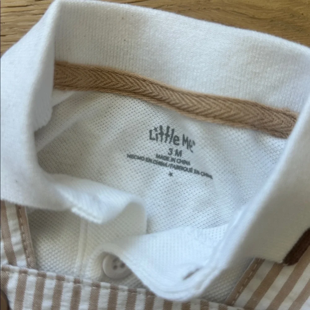 Little Me Beige Striped Overalls with White Collar